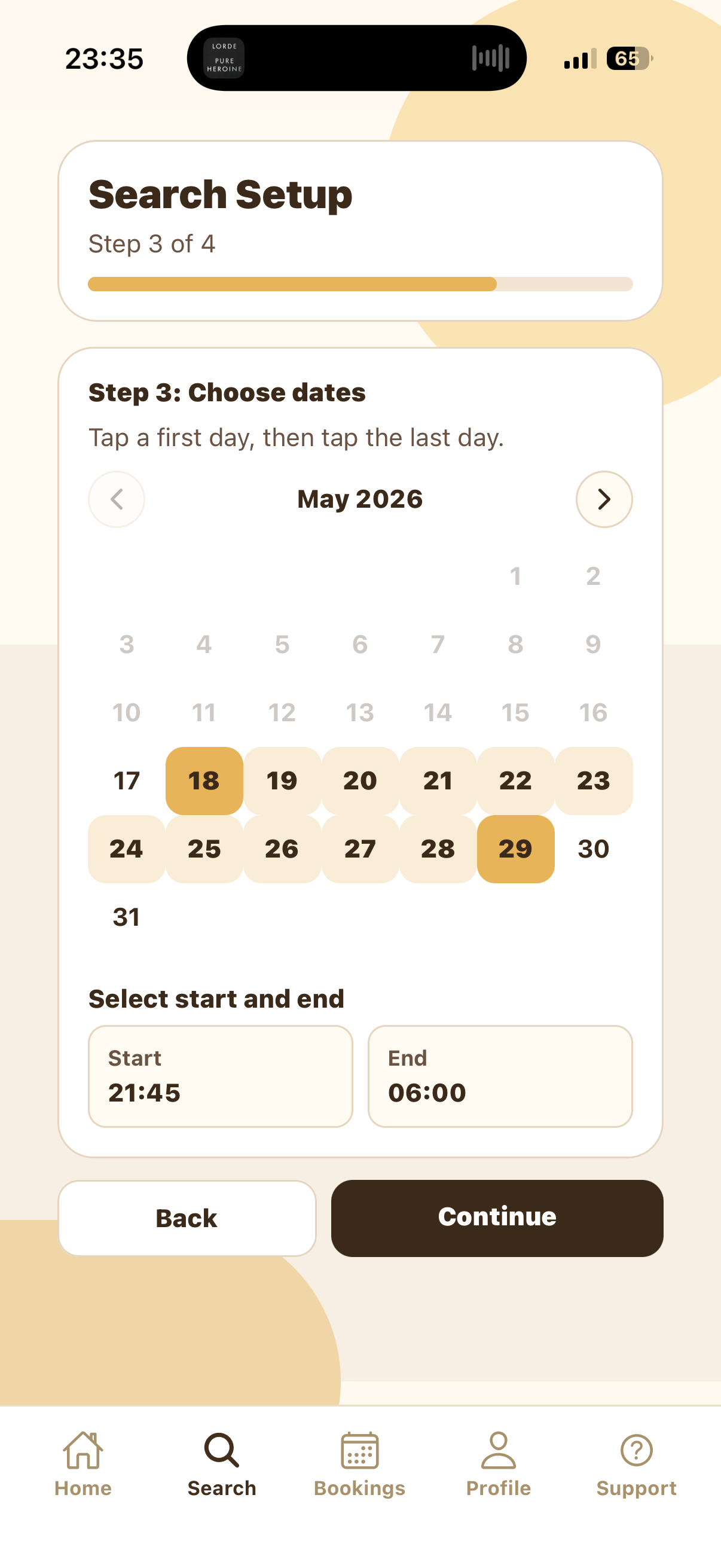 Search Setup Step 3 choosing Boarding dates and start and end times