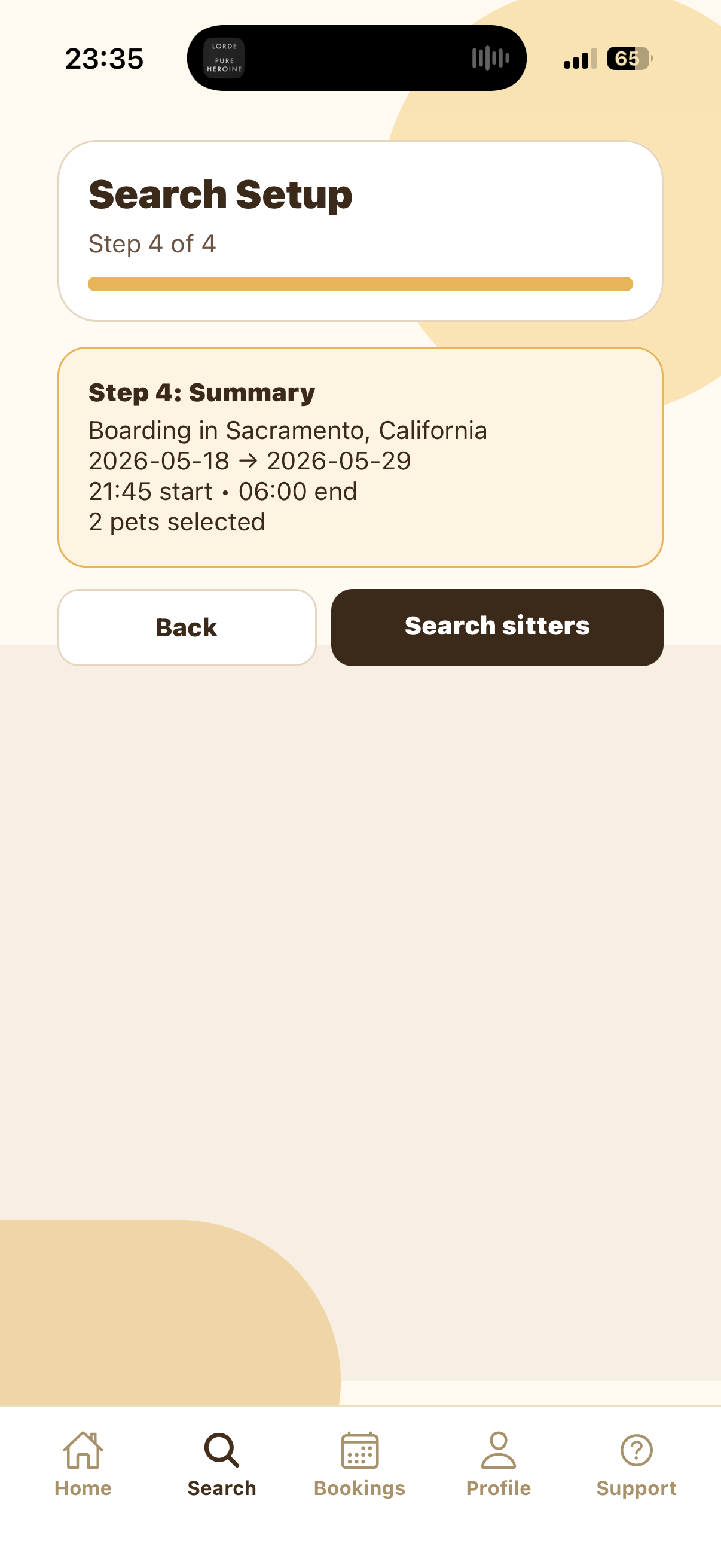 Search Setup Step 4 Boarding summary