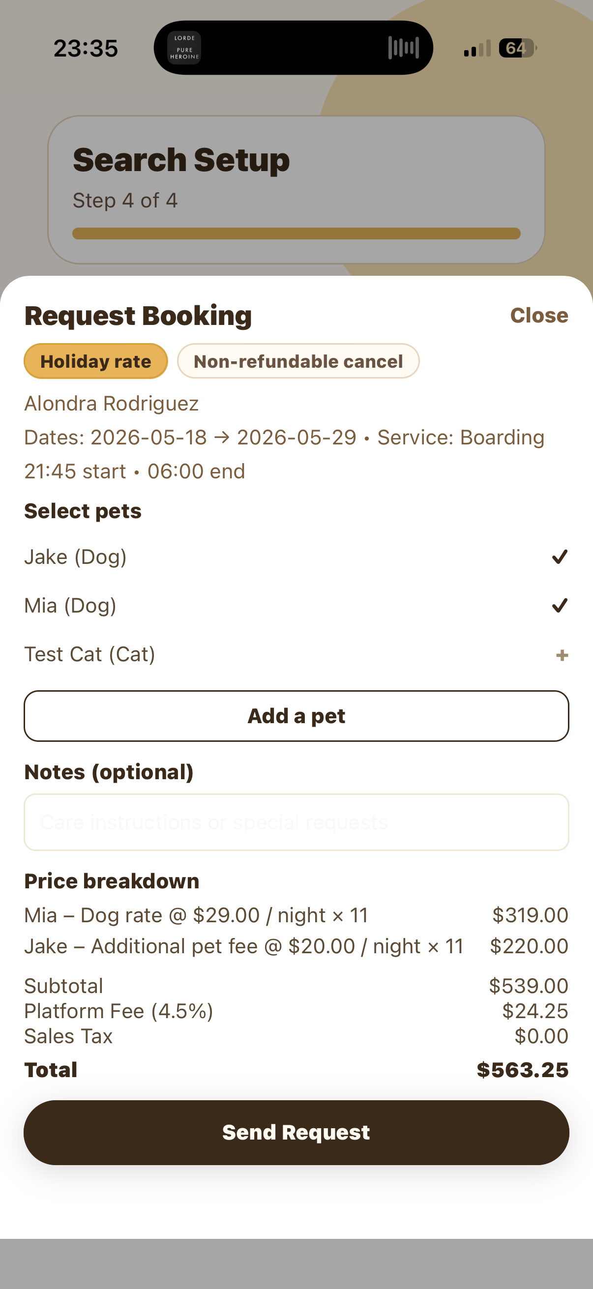 Boarding request booking sheet with pets and price breakdown