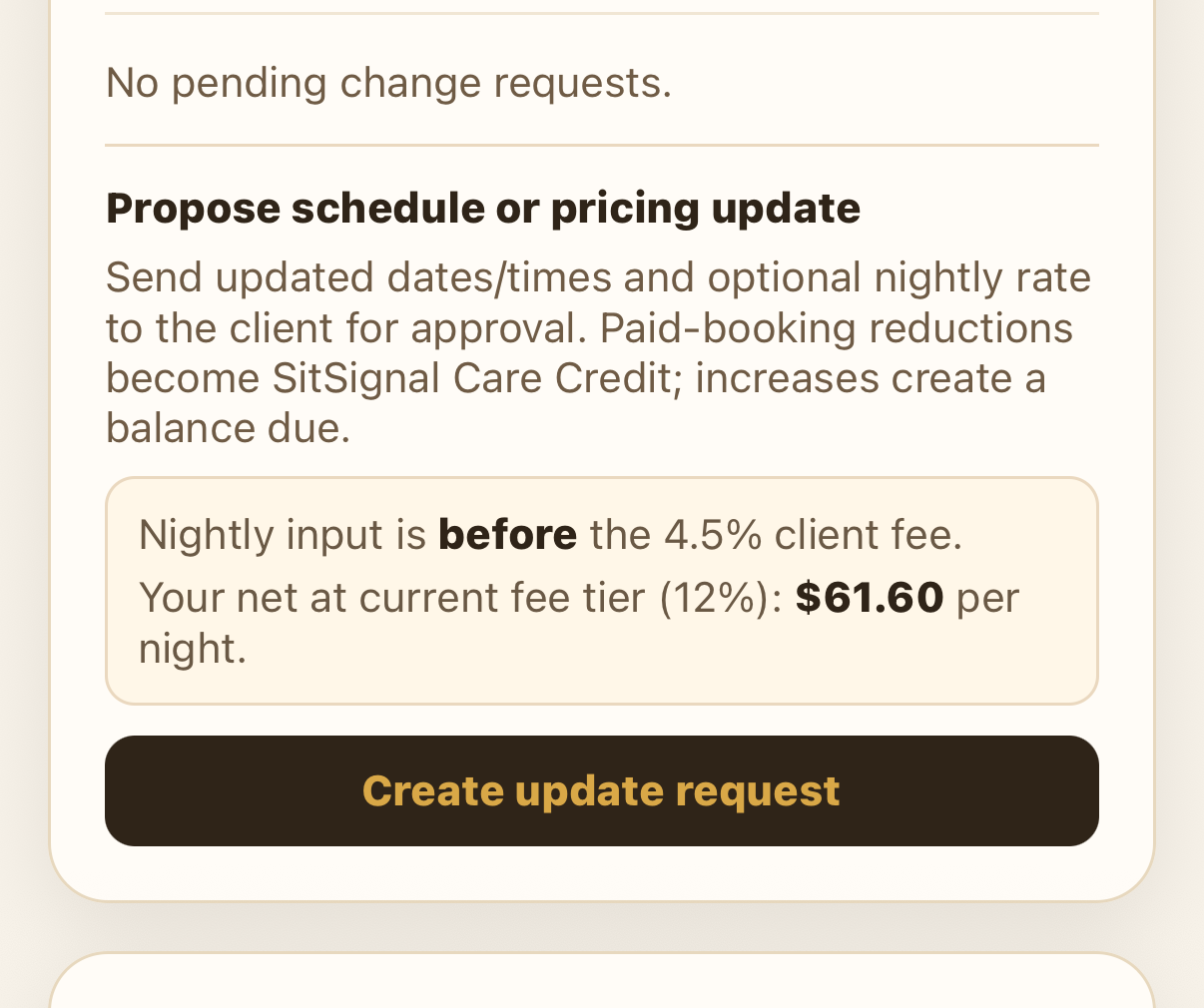 Sitter booking screen with a Create update request button
