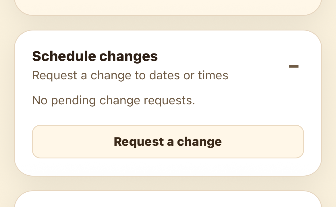 Client booking screen with a Request a change button