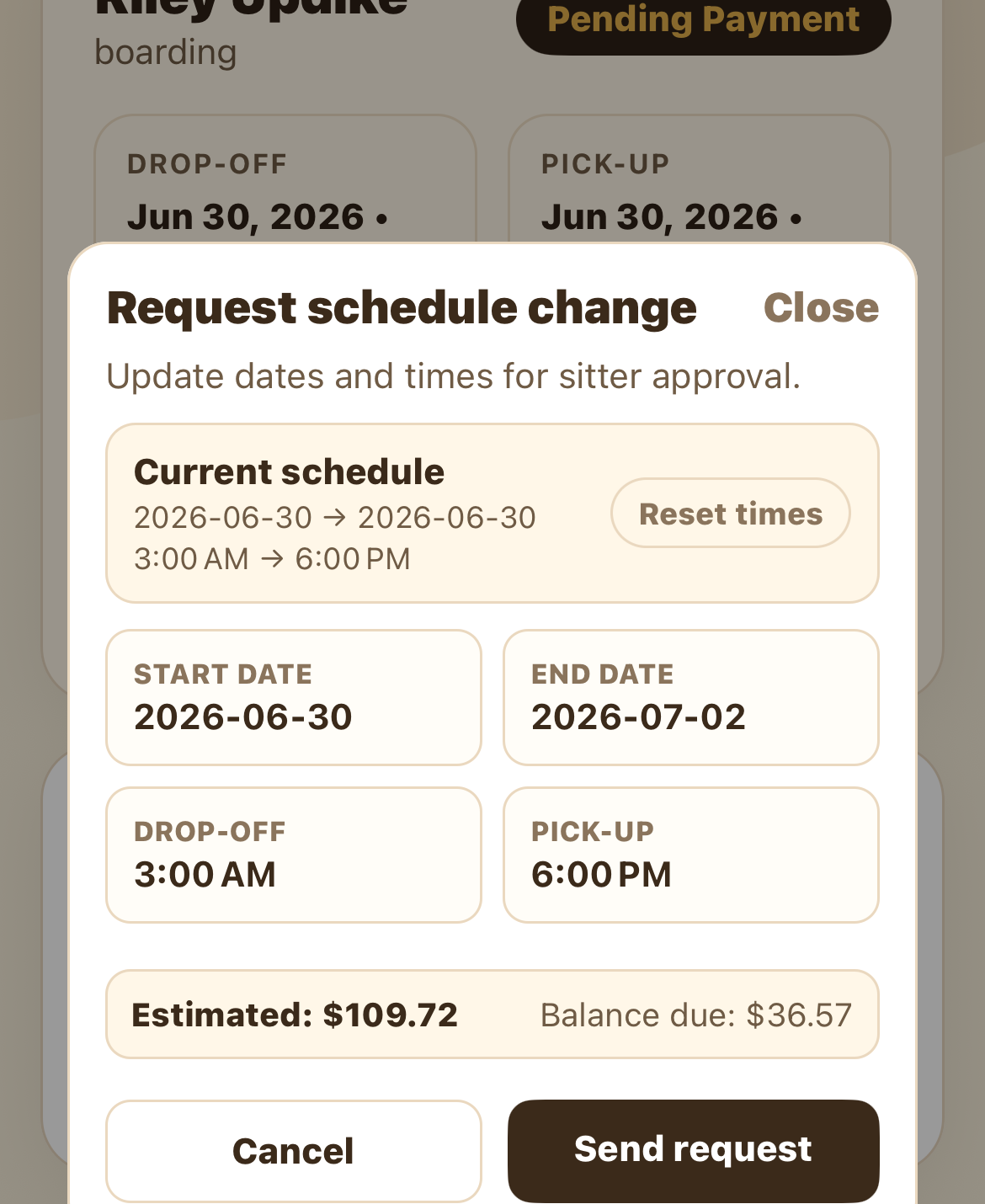 Client request schedule change form with estimated total and balance due