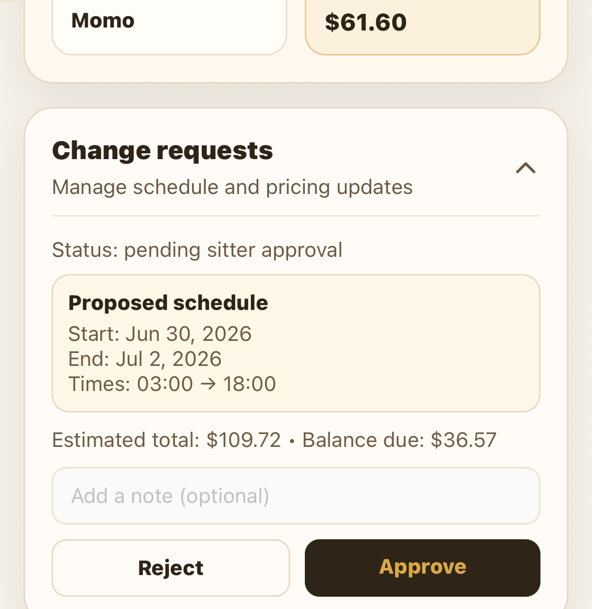 Pending change request with Reject and Approve buttons