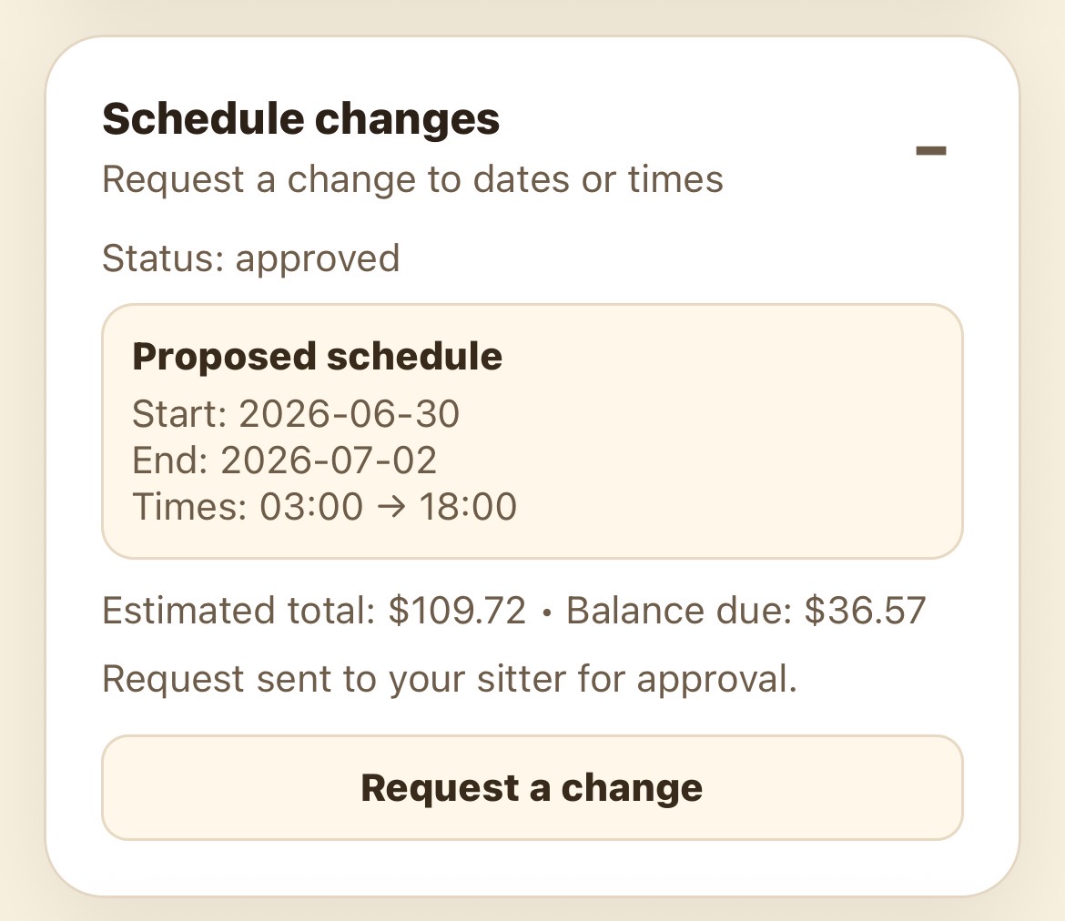 Approved schedule change showing the new total and balance due