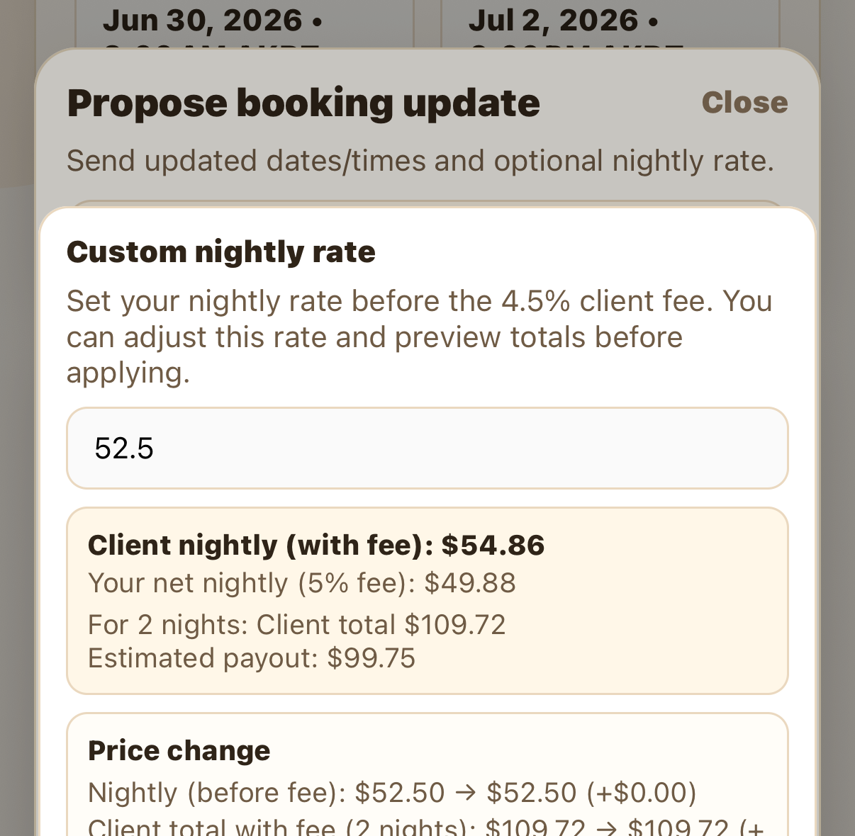 Custom nightly rate editor showing the rate entered before the 4.5% client fee with a totals preview