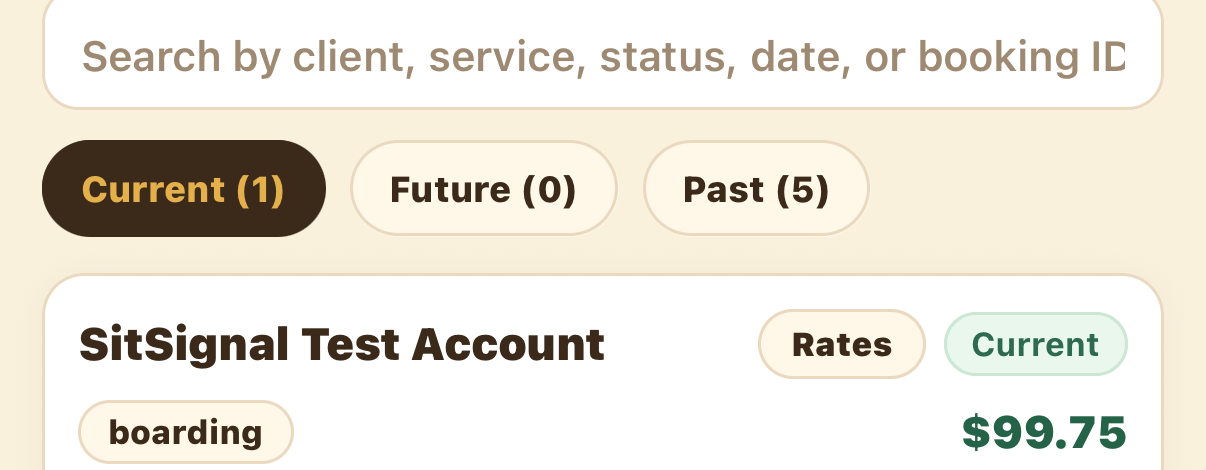 A booking card with a Rates button
