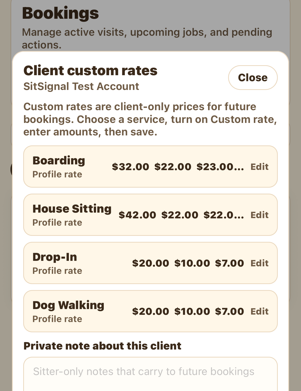 Client custom rates sheet listing services with Edit and a private note field