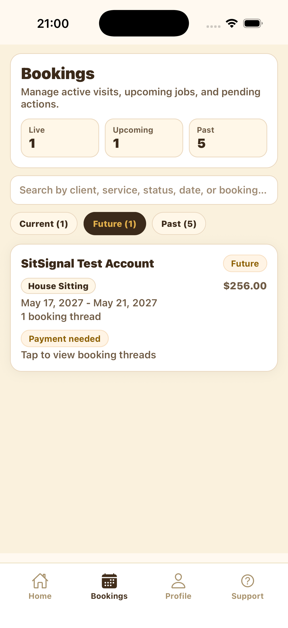 Bookings tab showing the SitSignal Test Account future booking