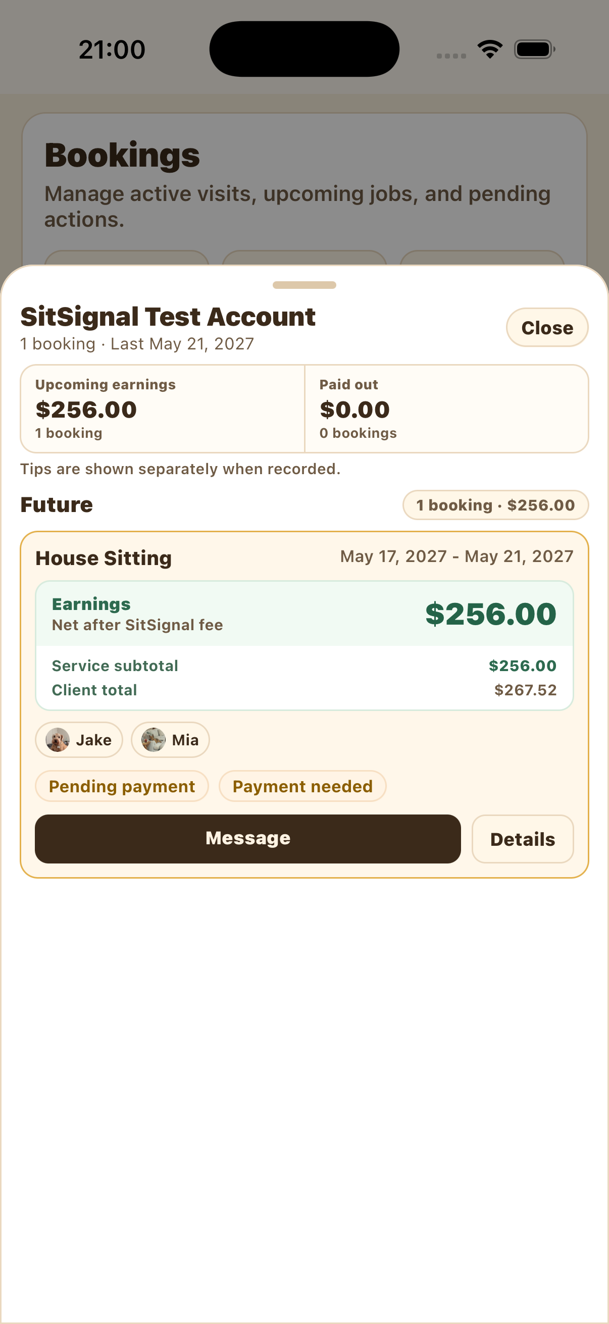 Expanded booking sheet with a Details button
