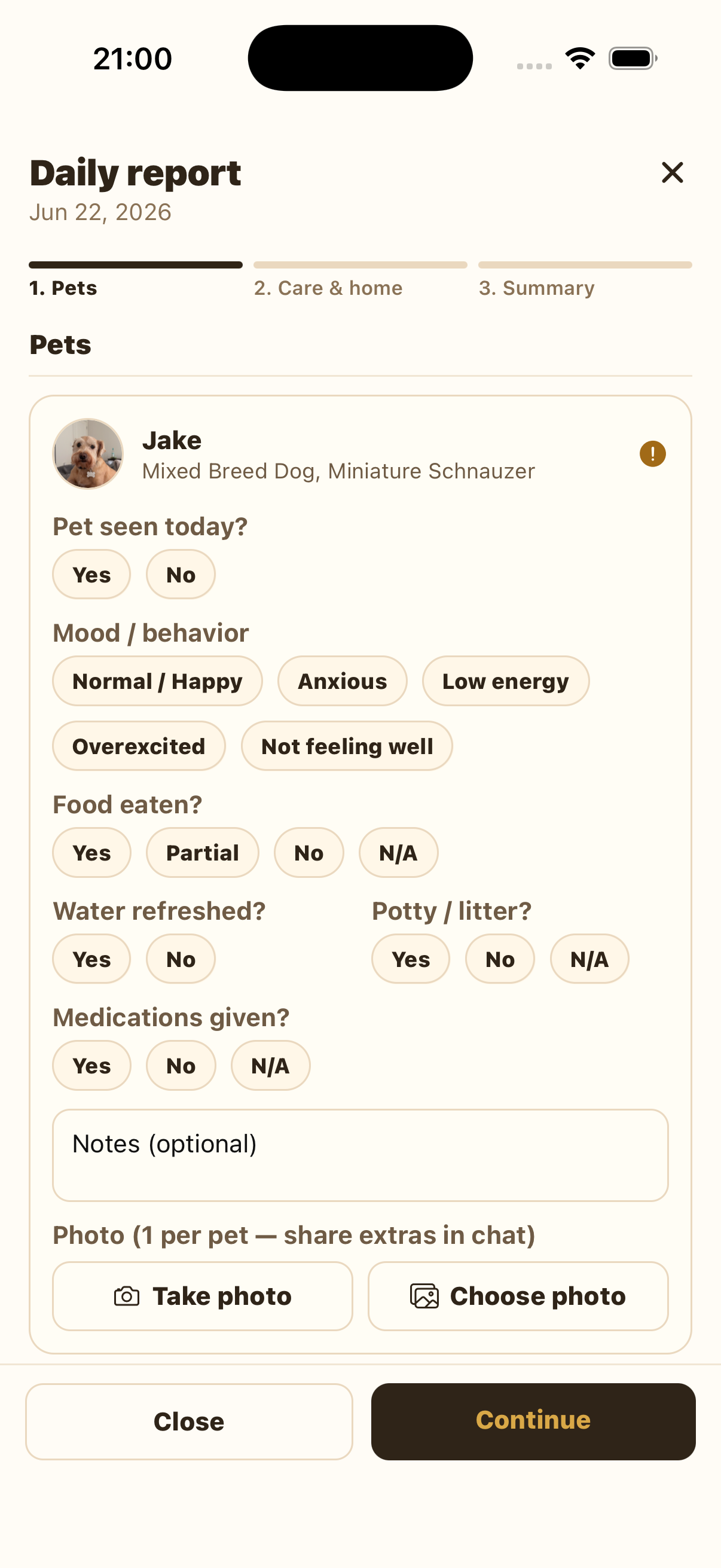 Pets tab showing Jake with required pet care fields