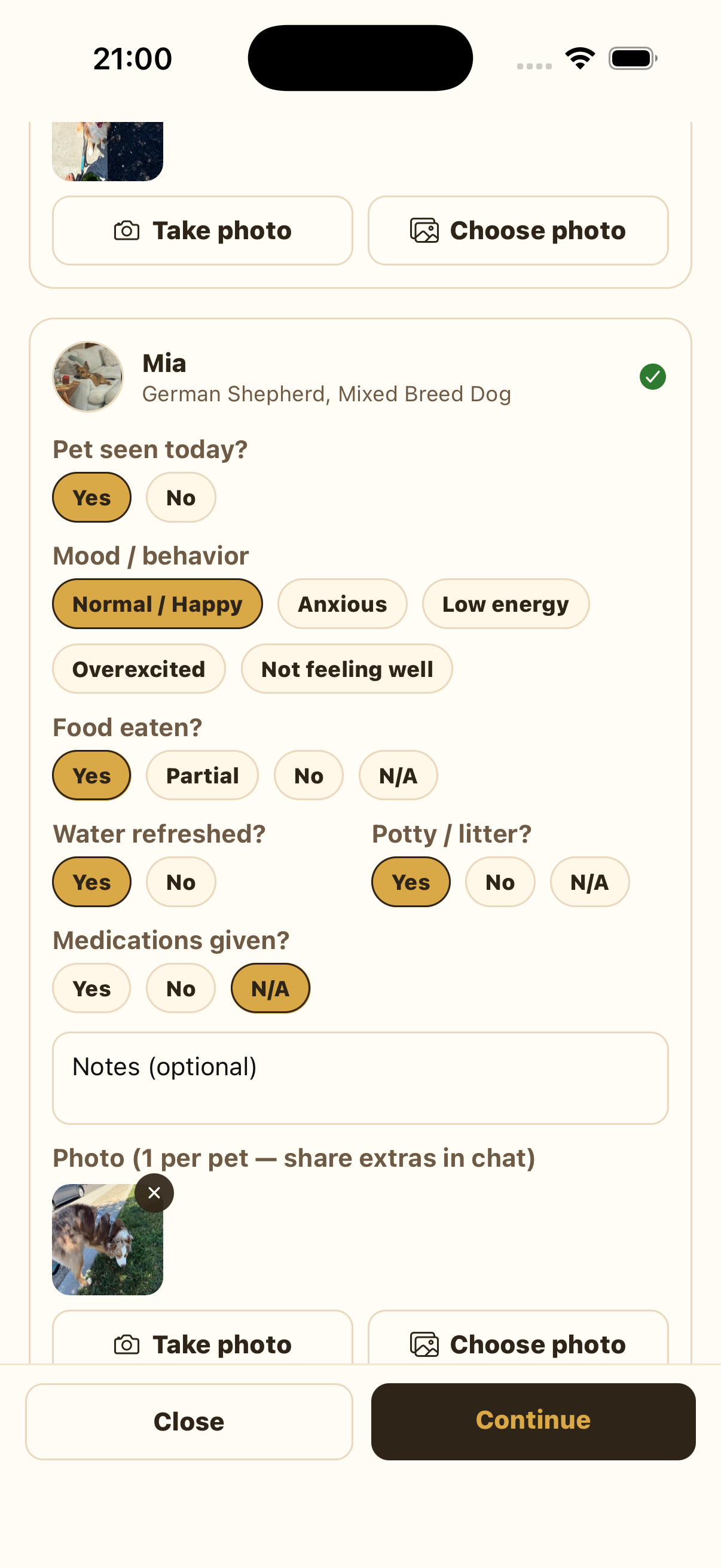 Pets tab showing Mia completed with a selected photo