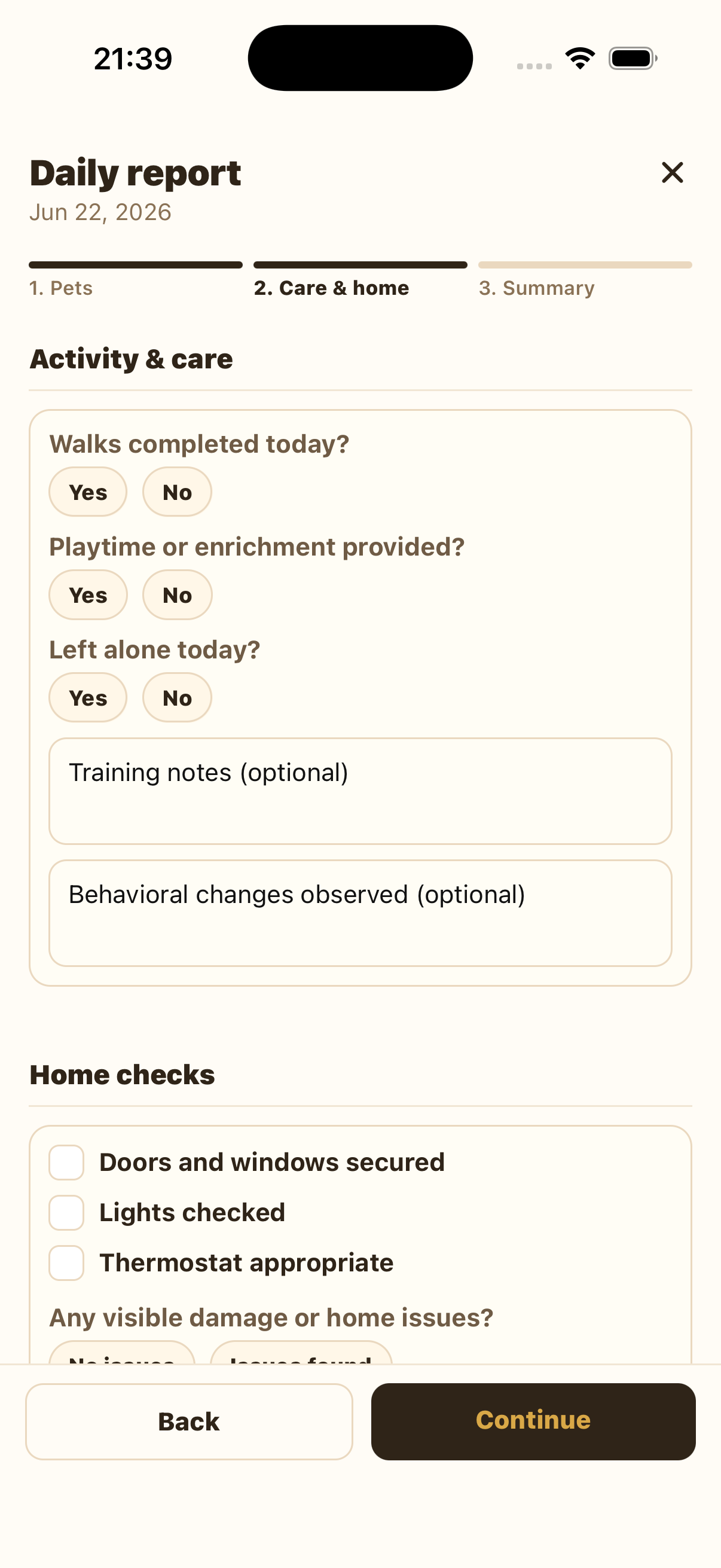 Care and home tab before activity and home checks are answered