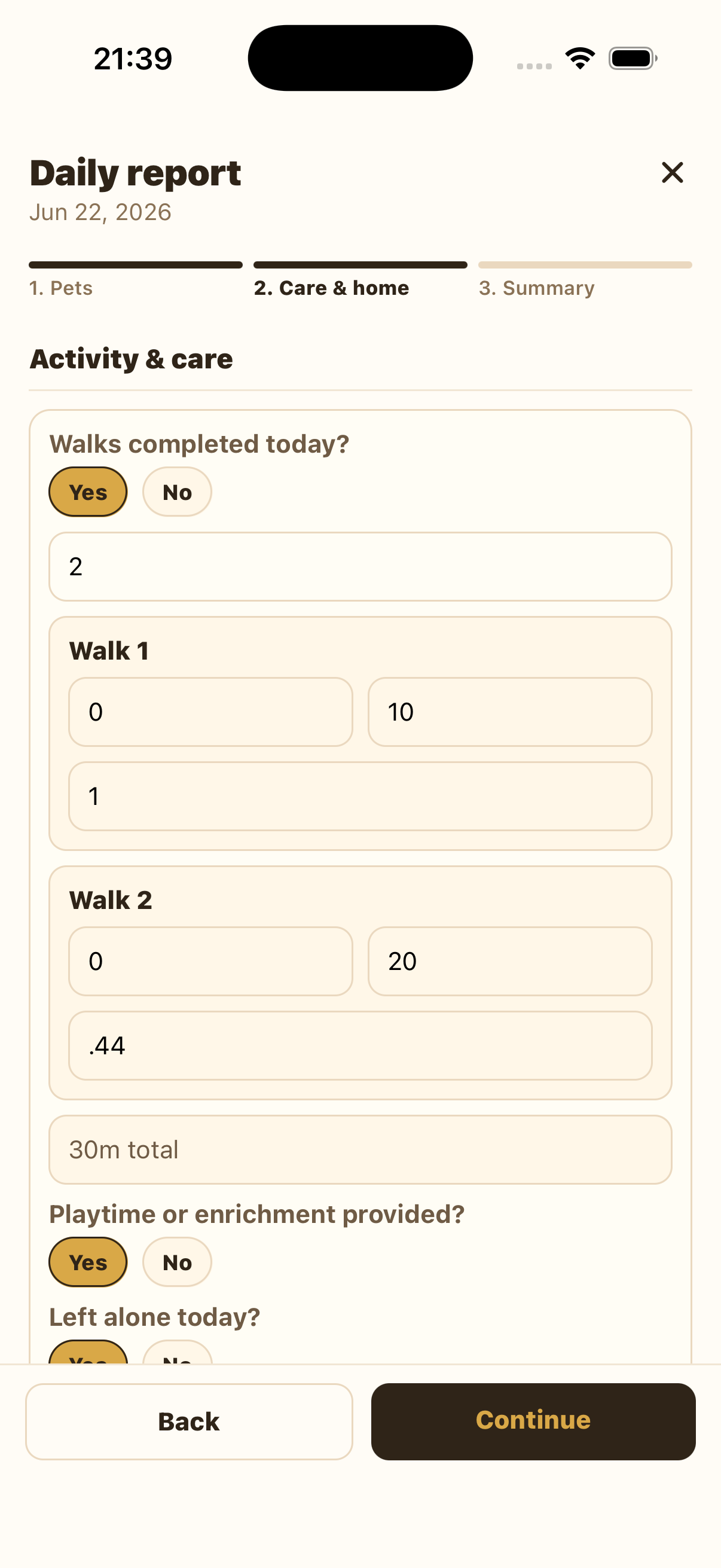 Care and home tab with walk details, playtime, and left alone answers