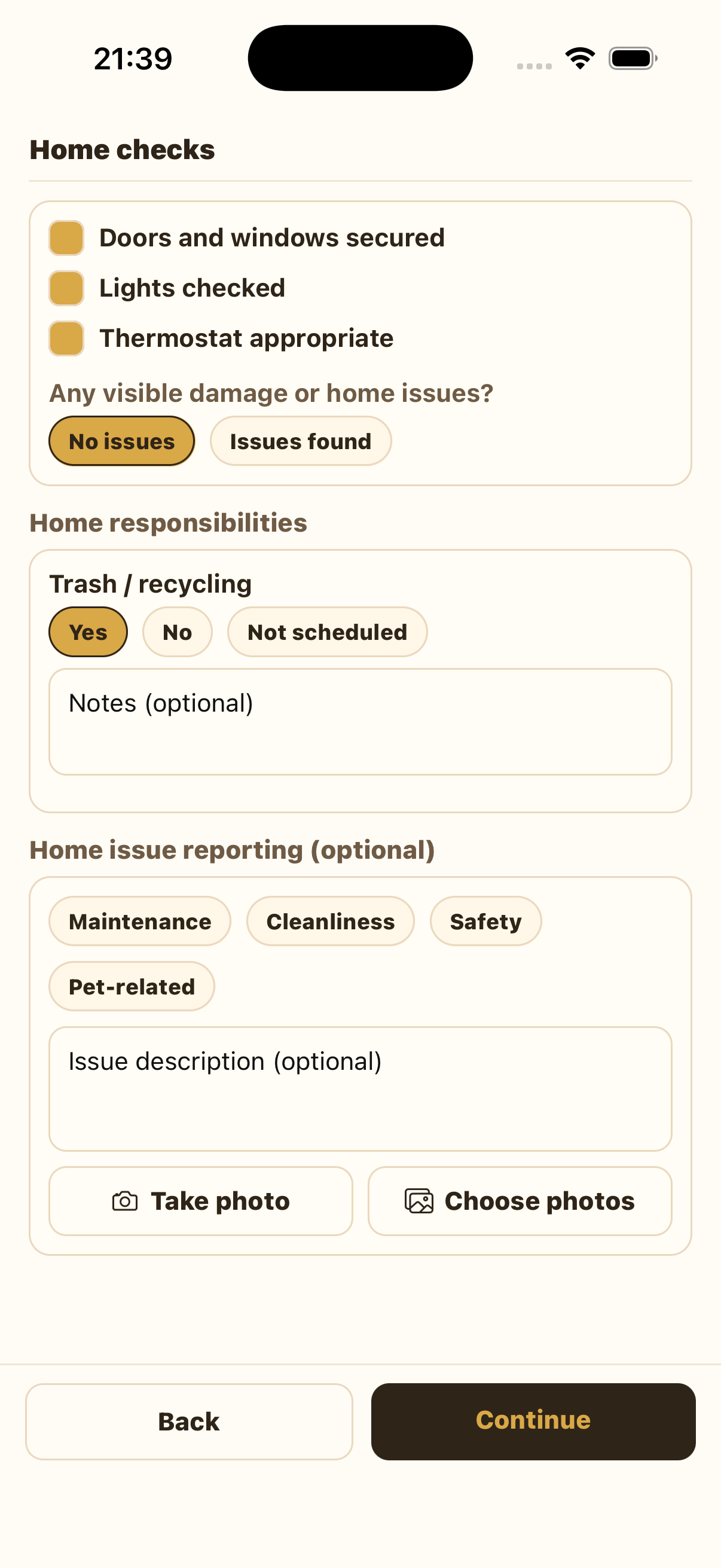 Care and home tab showing home checks and trash responsibility completed