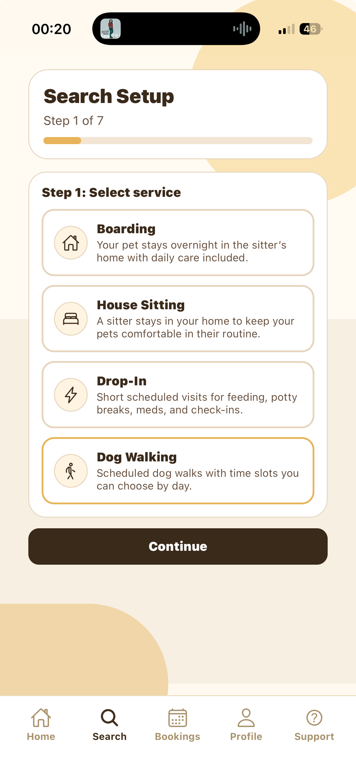 Search Setup Step 1 with Dog Walking selected