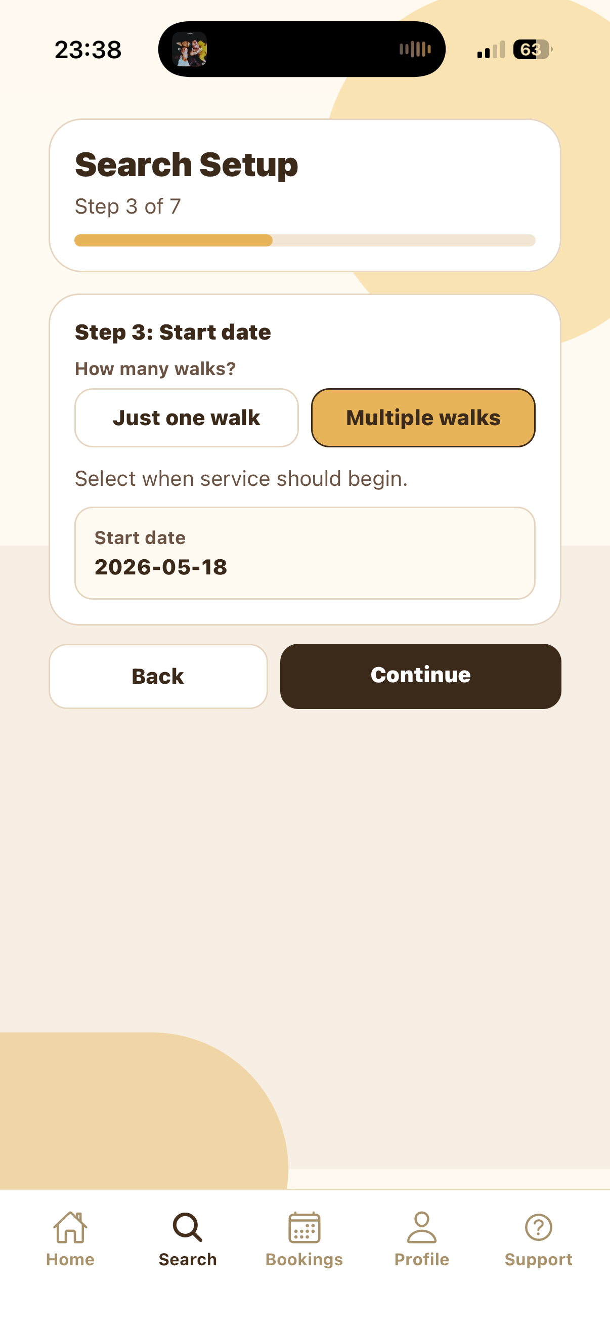 Start date screen with Multiple walks selected
