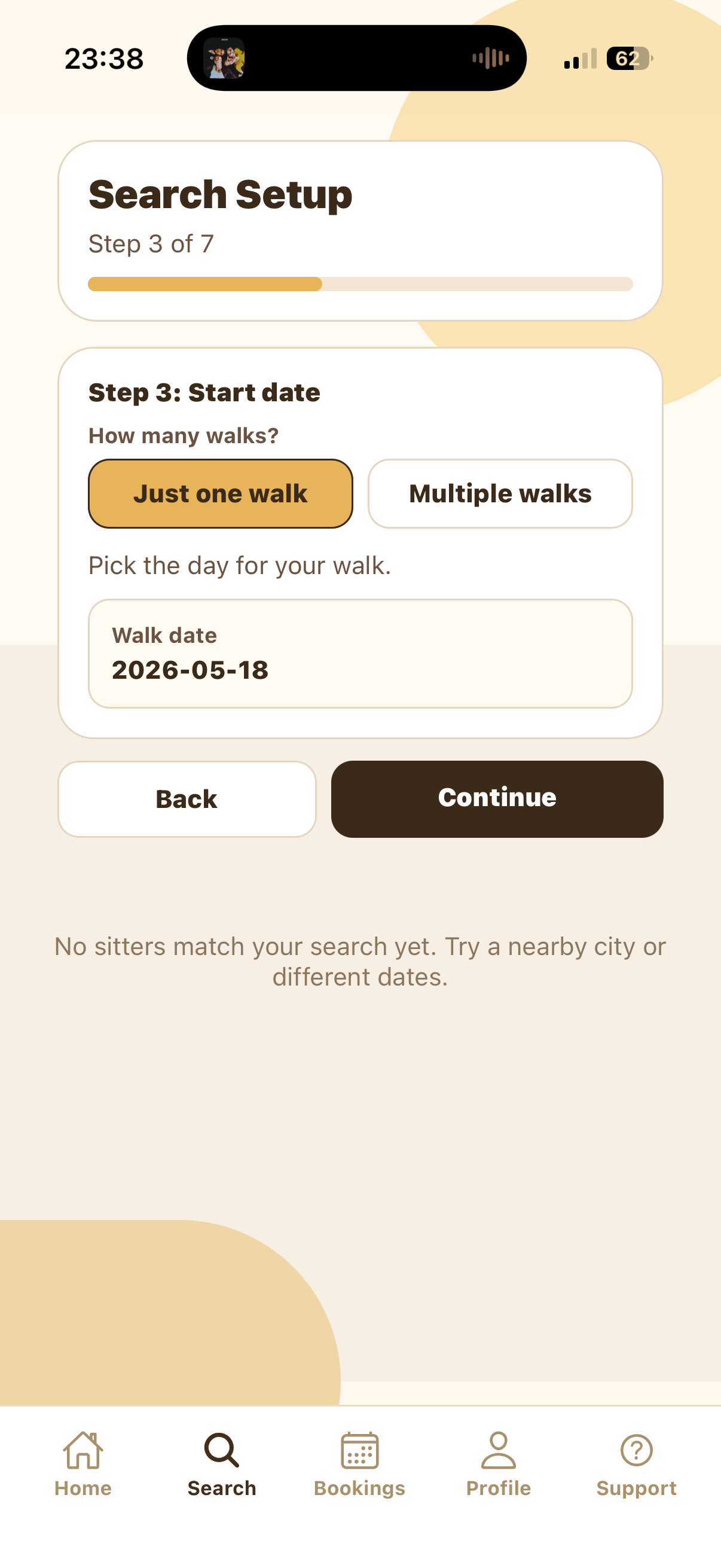 Start date screen with Just one walk selected