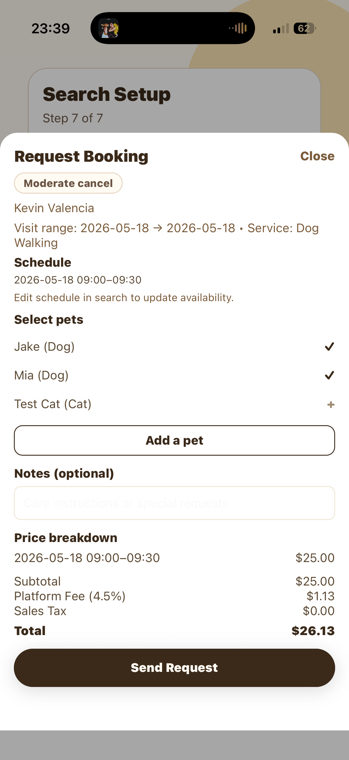 Request Booking sheet with pets, notes, price breakdown, and Send Request button