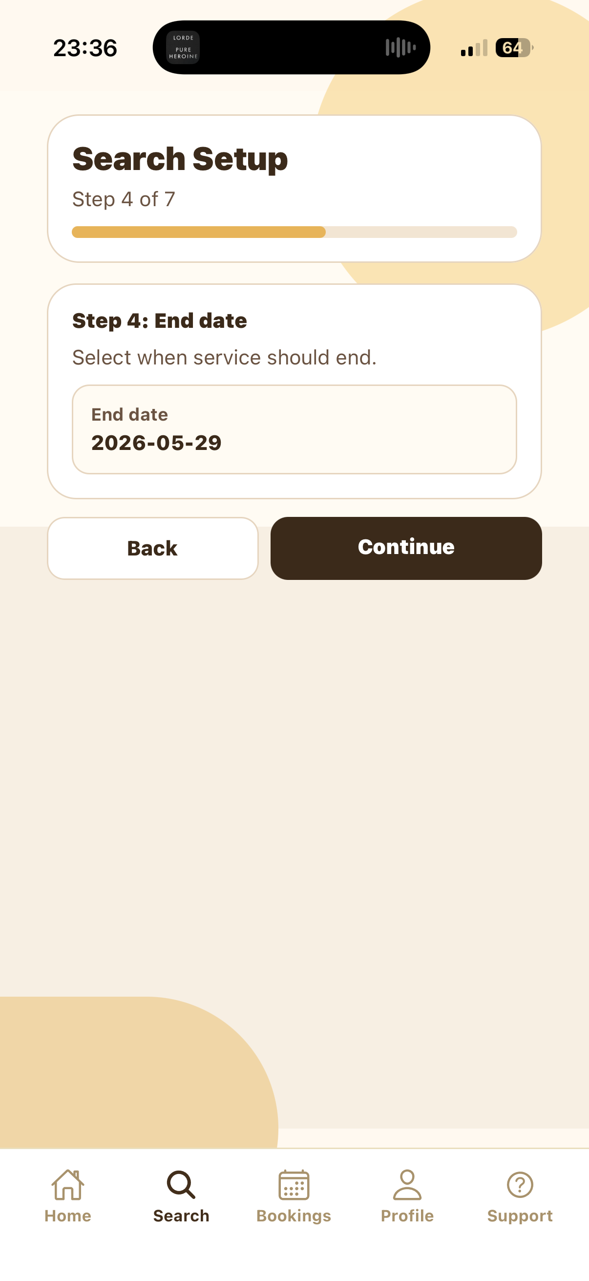 Search Setup Step 4 end date screen for Drop-In