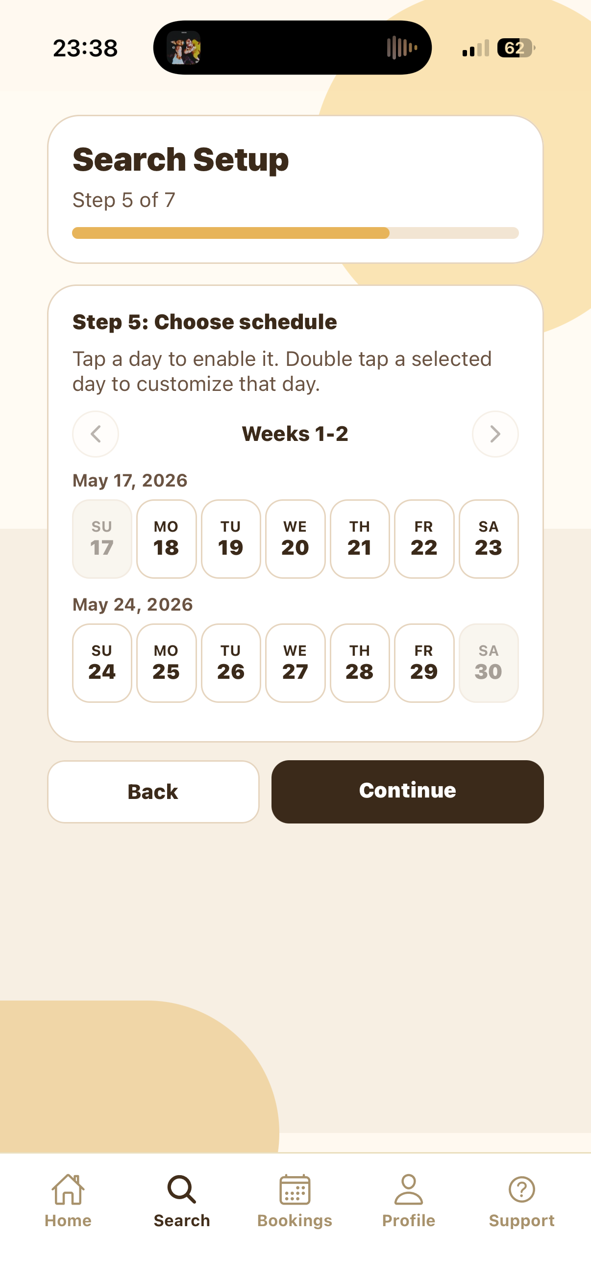 Drop-In schedule screen before visit days are selected