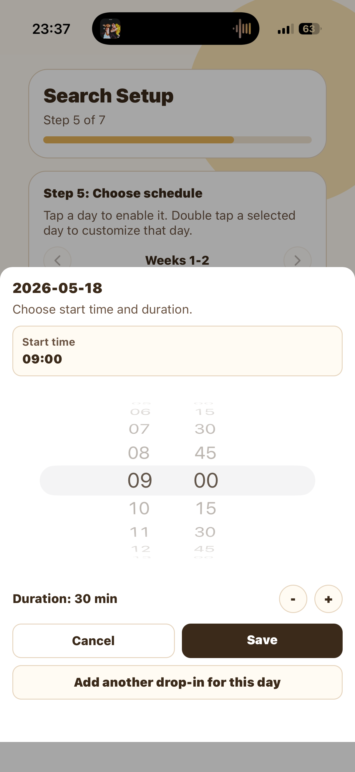 Drop-In day setup sheet with start time and duration