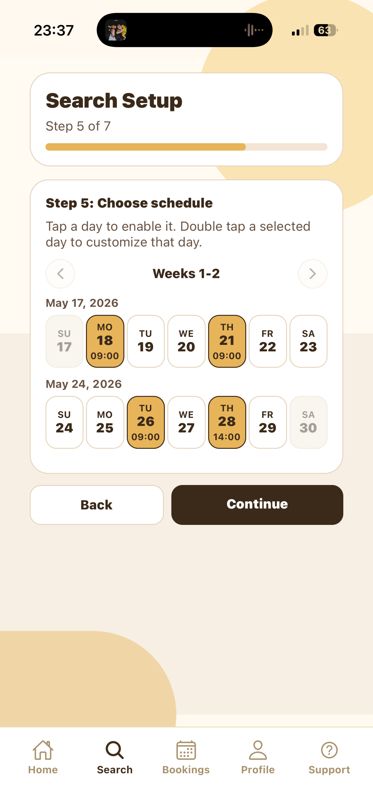 Drop-In schedule showing selected dates with one date at 14:00