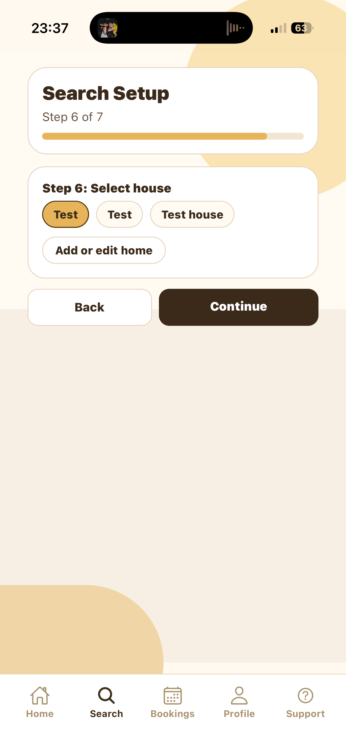 Search Setup Step 6 select house screen for Drop-In