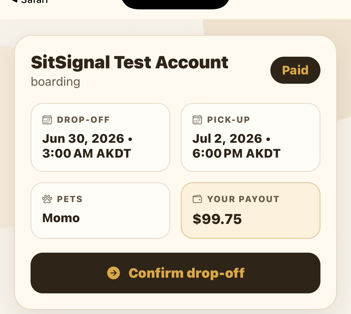 Booking screen with a Confirm drop-off button