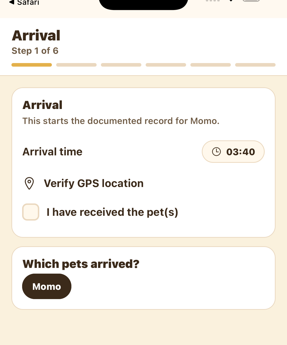 Arrival step with arrival time, verify GPS, received pets, and which pets arrived