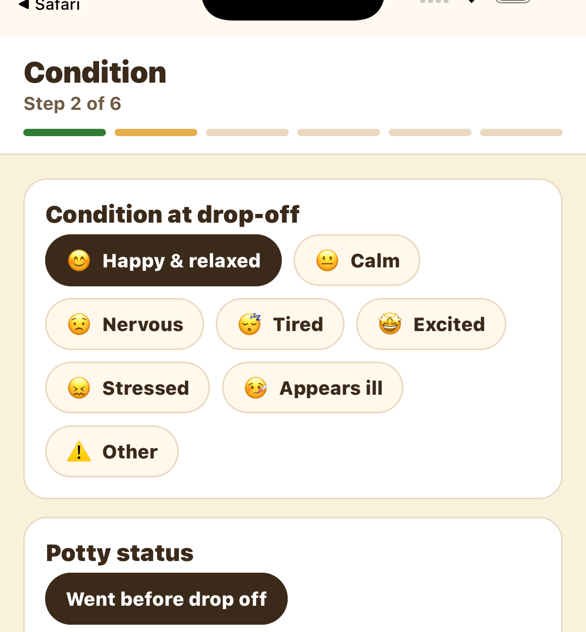 Condition at drop-off options and potty status