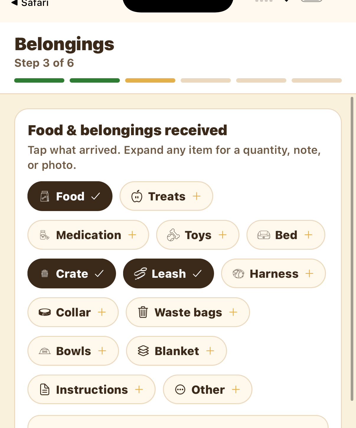 Food and belongings checklist with tappable items