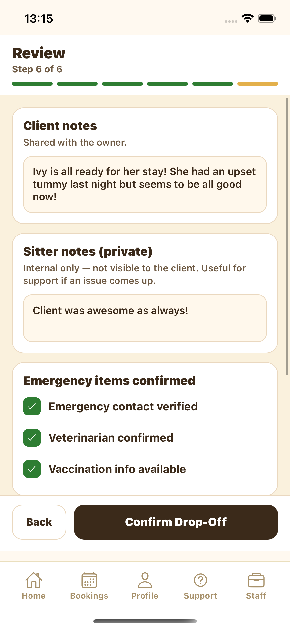 Review step with client notes, private sitter notes, emergency items, and the confirmation summary