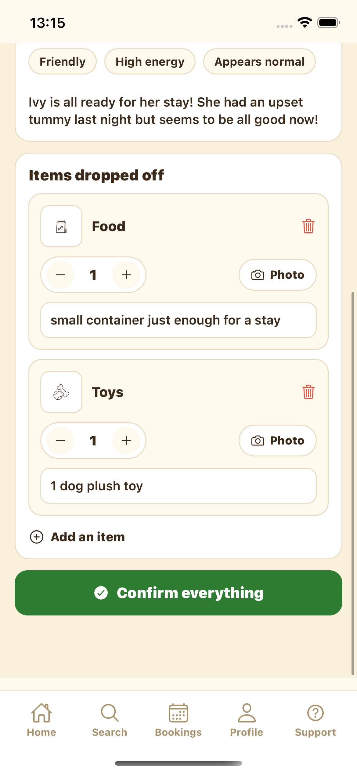 Items dropped off with Add an item and a green Confirm everything button