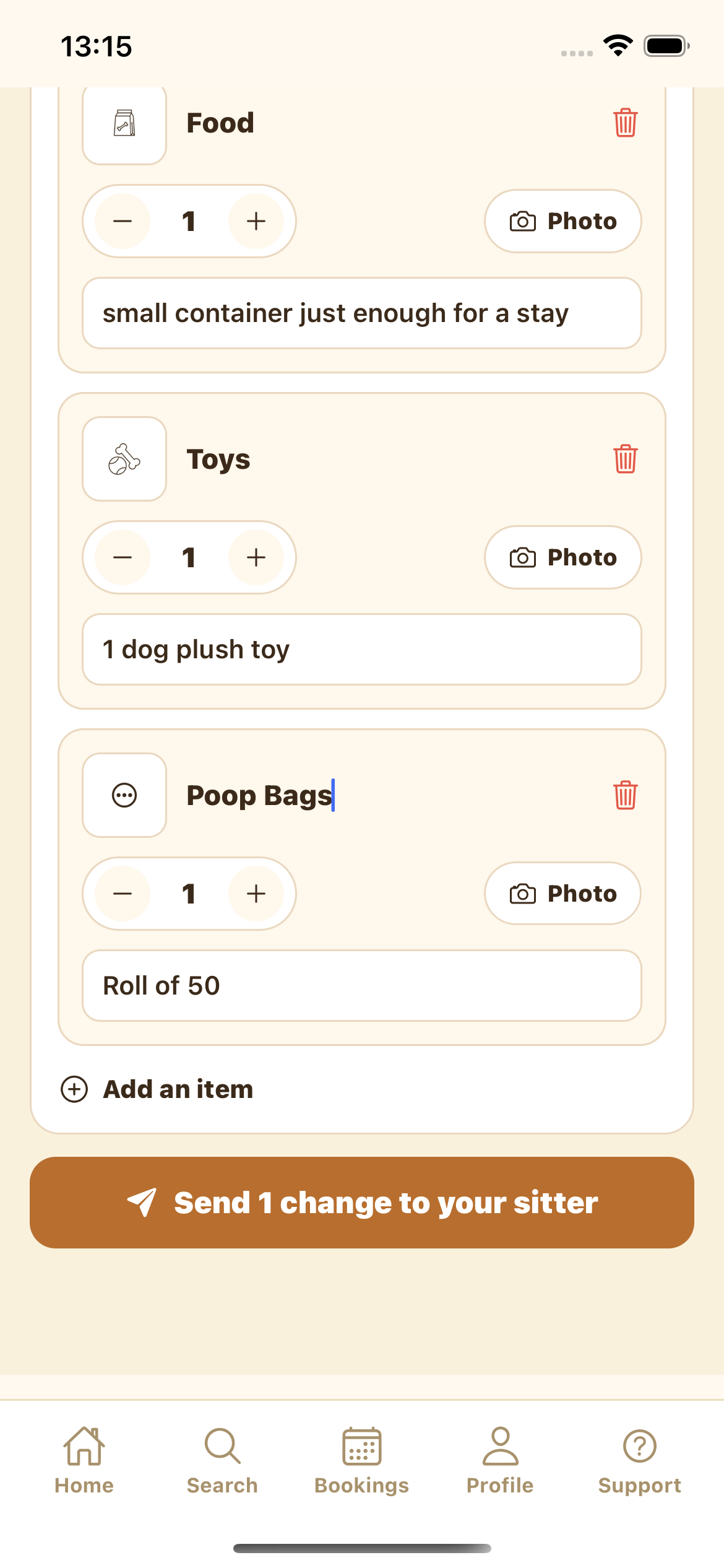 An added item with a Send 1 change to your sitter button