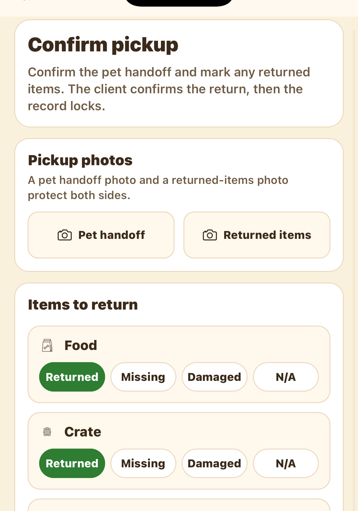 Confirm pickup screen with return statuses per item and pickup photos