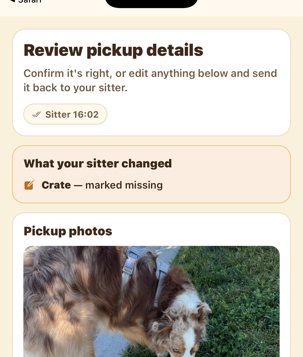 Client review pickup details screen with what the sitter changed and photos
