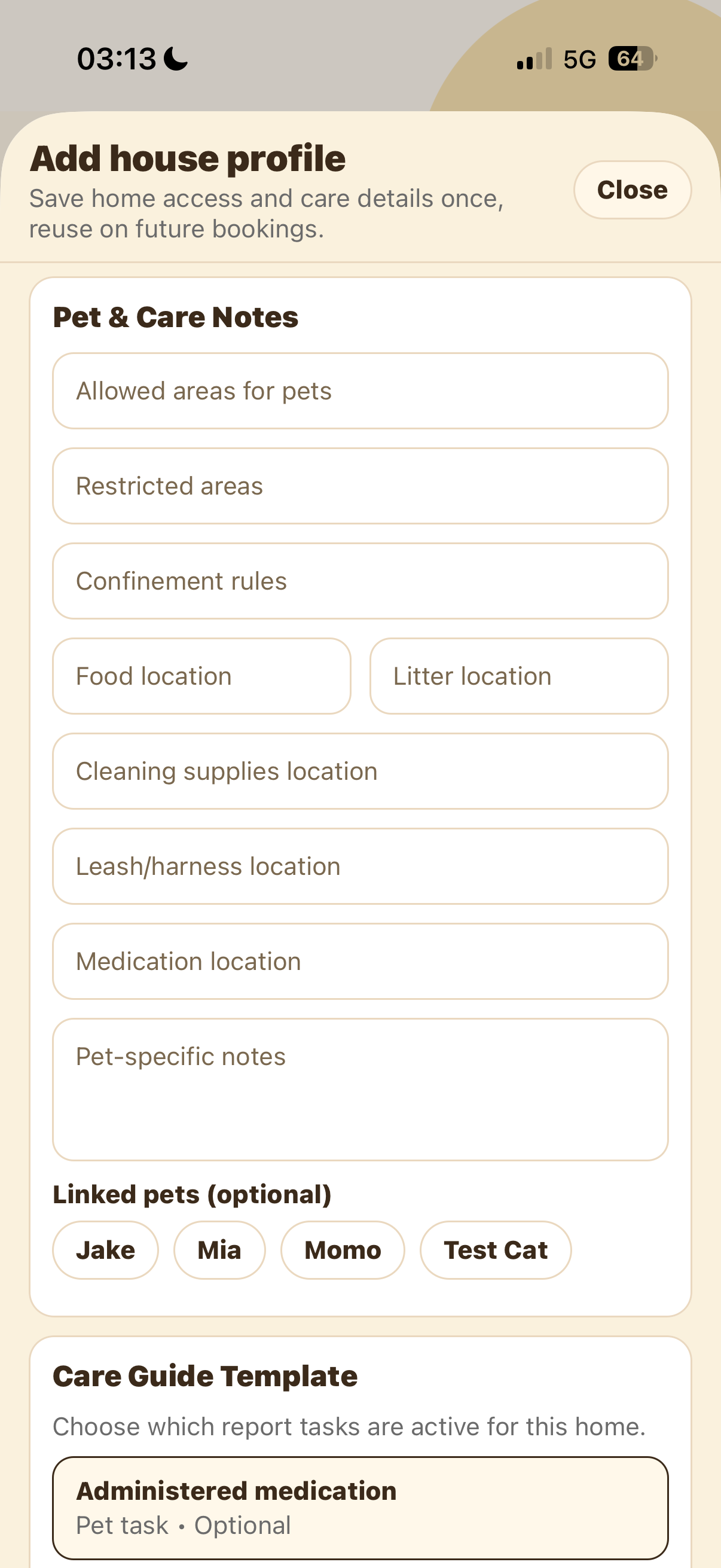 Add house profile pet and care notes with linked pets