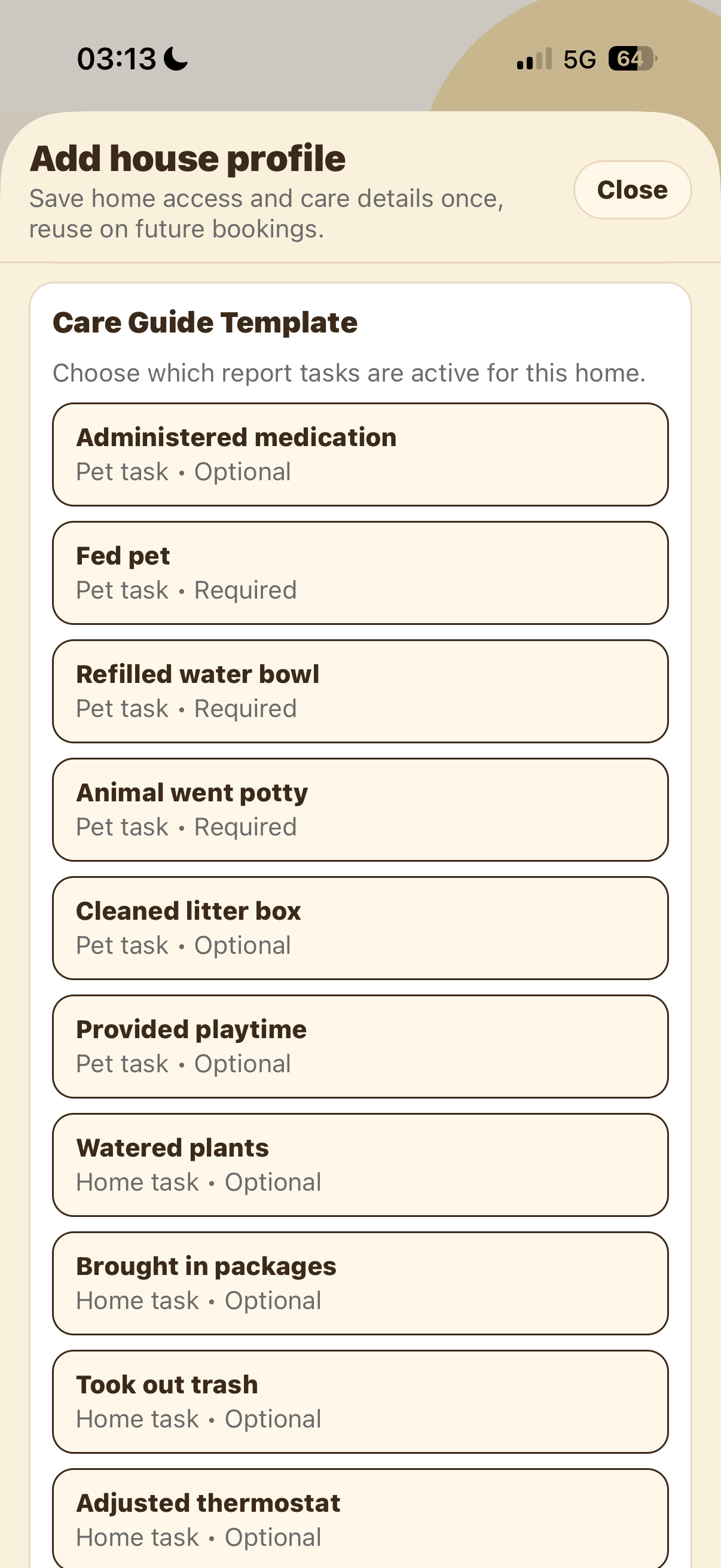 Care Guide Template tasks in the house profile form