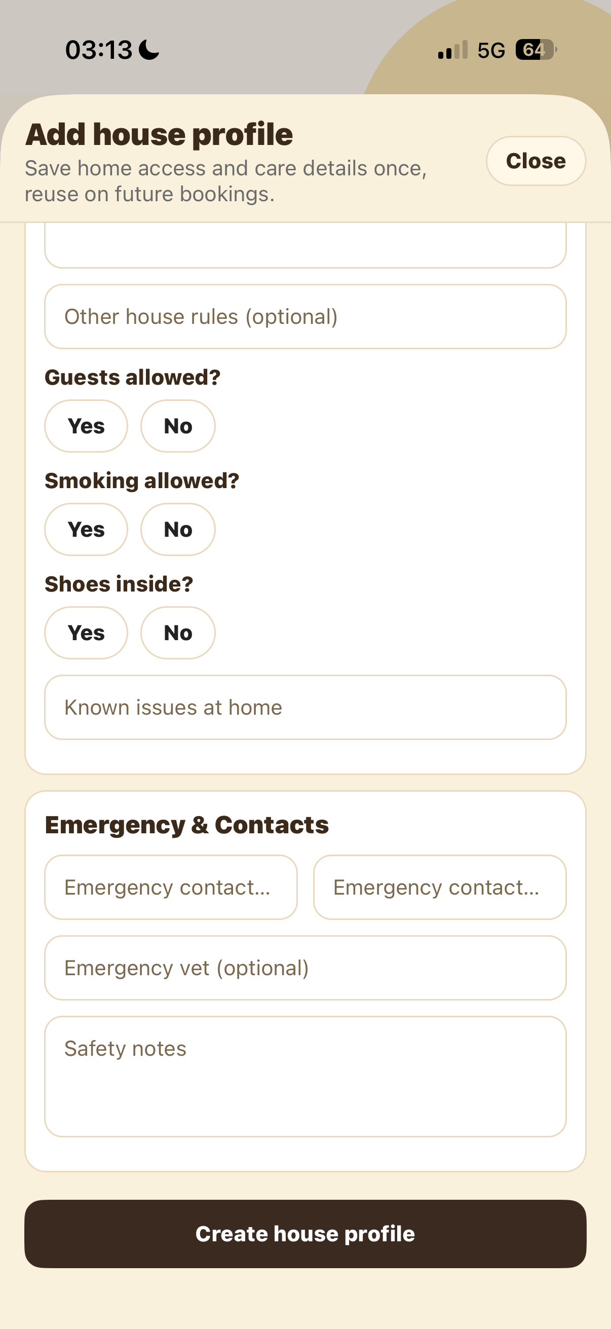 Emergency contacts and Create house profile button