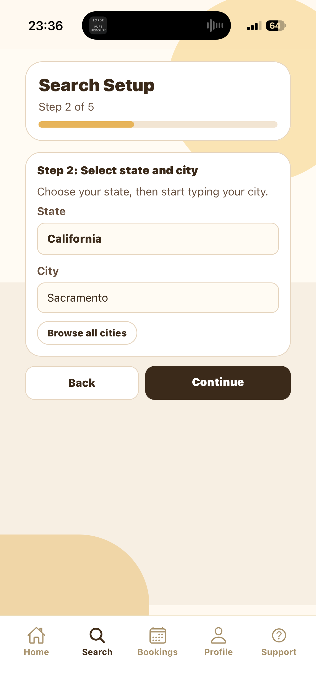 Search Setup Step 2 selecting California and Sacramento