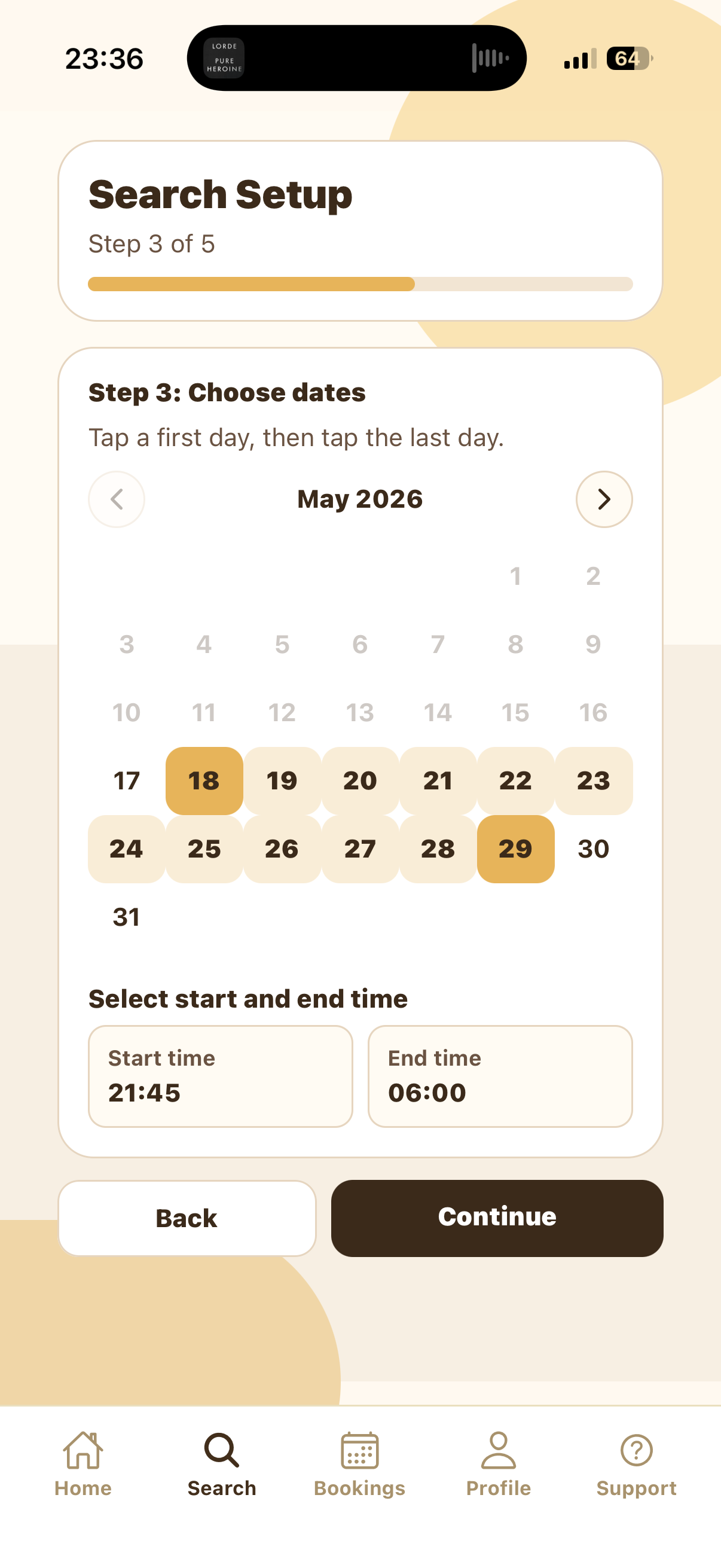 Search Setup Step 3 choosing House Sitting dates and start and end times