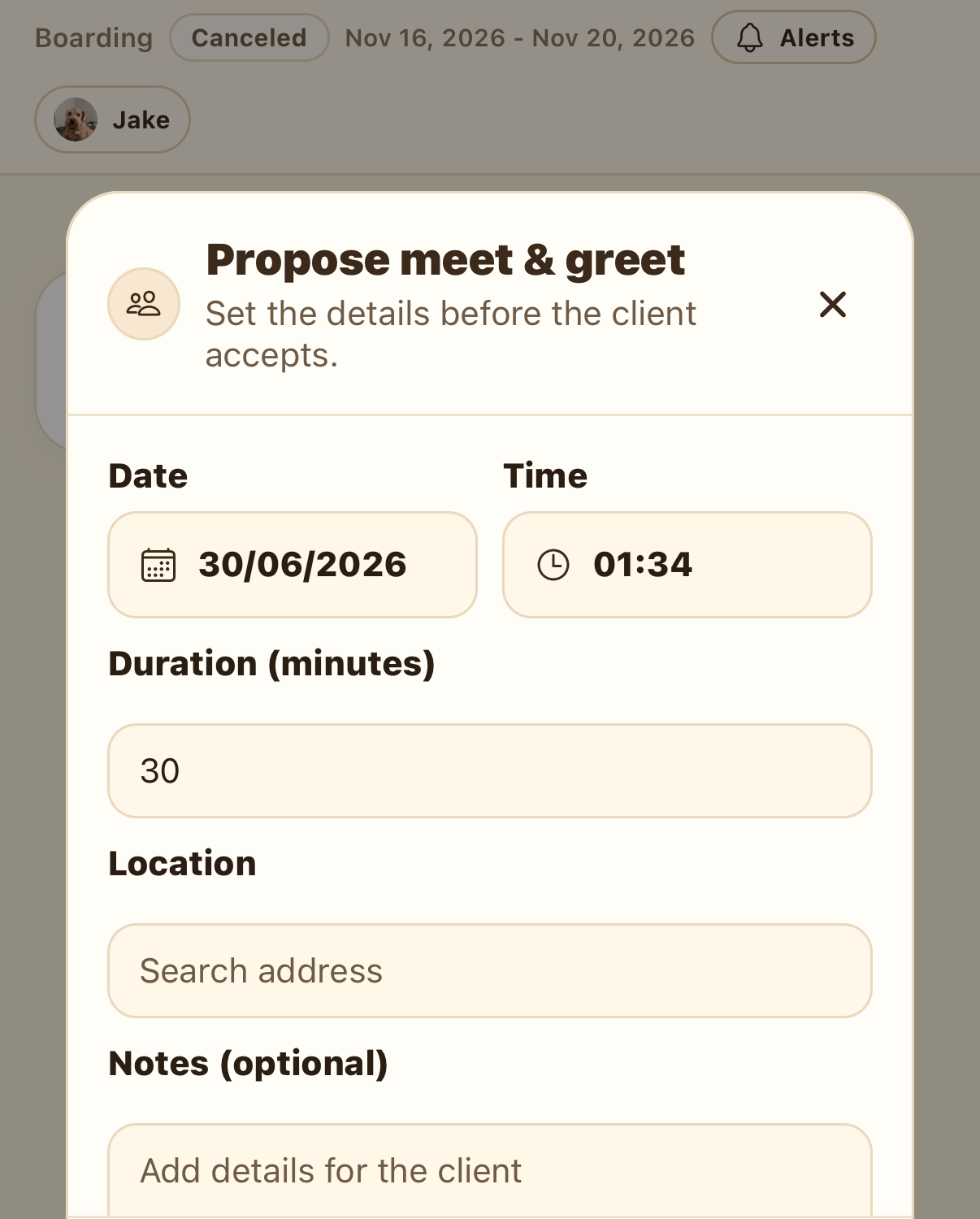 In-person meet & greet form with date, time, duration, location, and notes