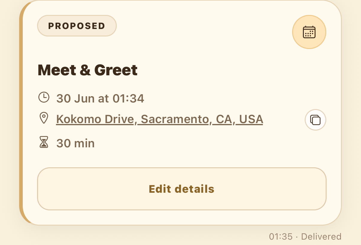 A proposed meet & greet card in chat with an Edit details button