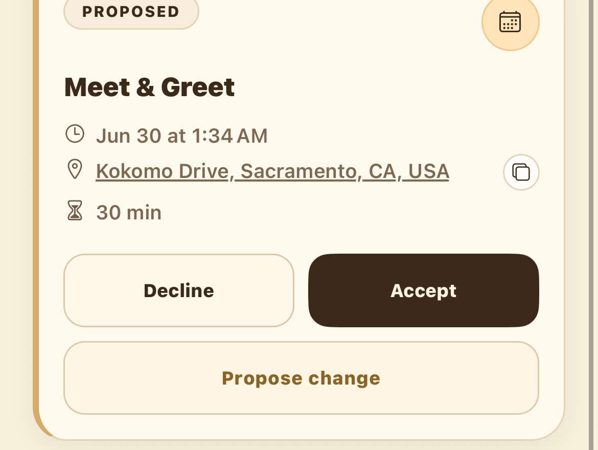 Meet & greet card with Decline, Accept, and Propose change options