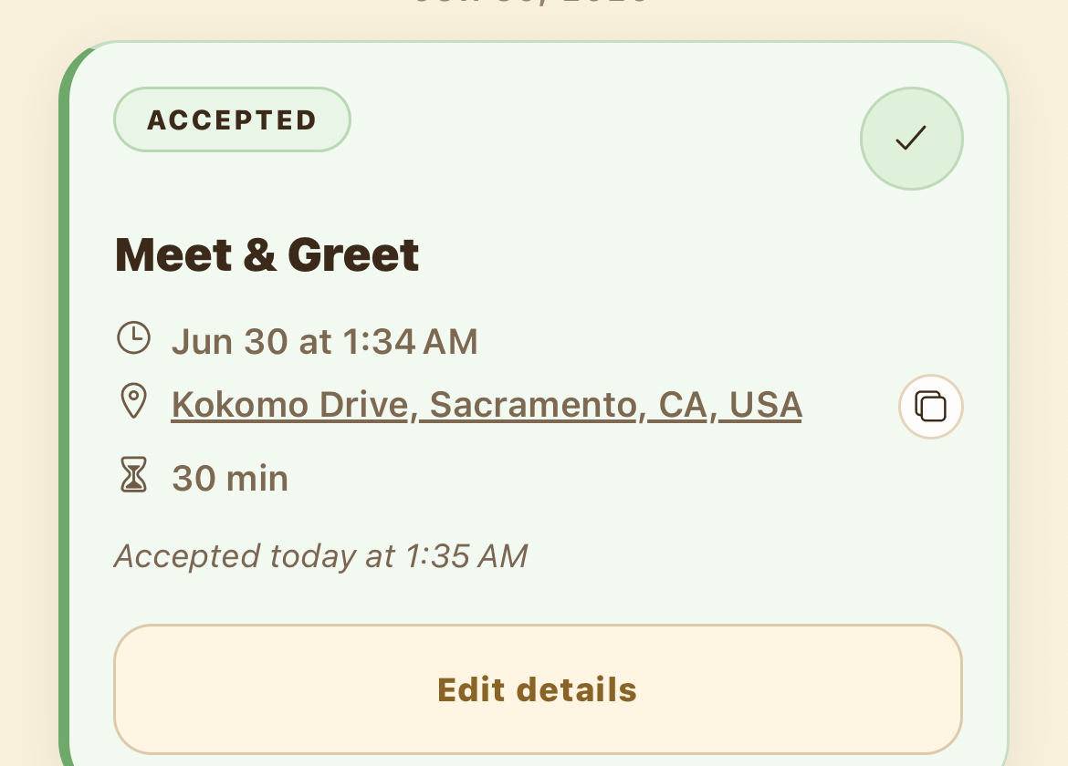 An accepted meet & greet card highlighted in green