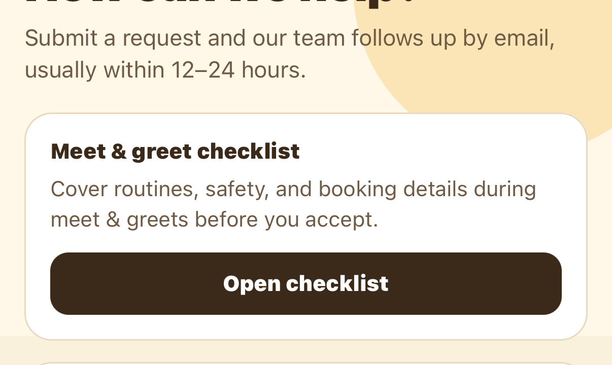 Support tab card linking to the in-app meet & greet checklist