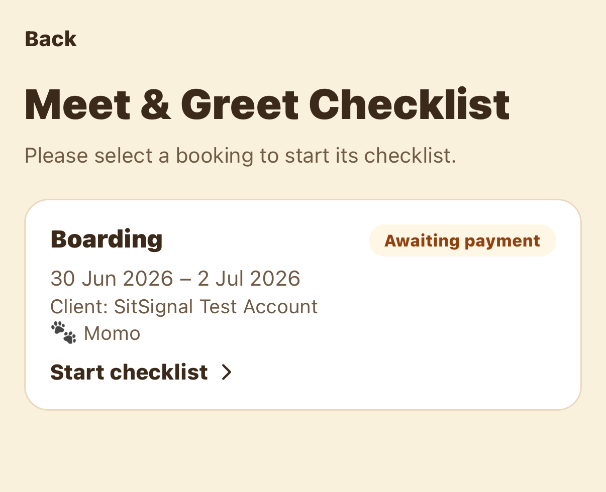 Meet & greet checklist booking picker with a Start checklist button