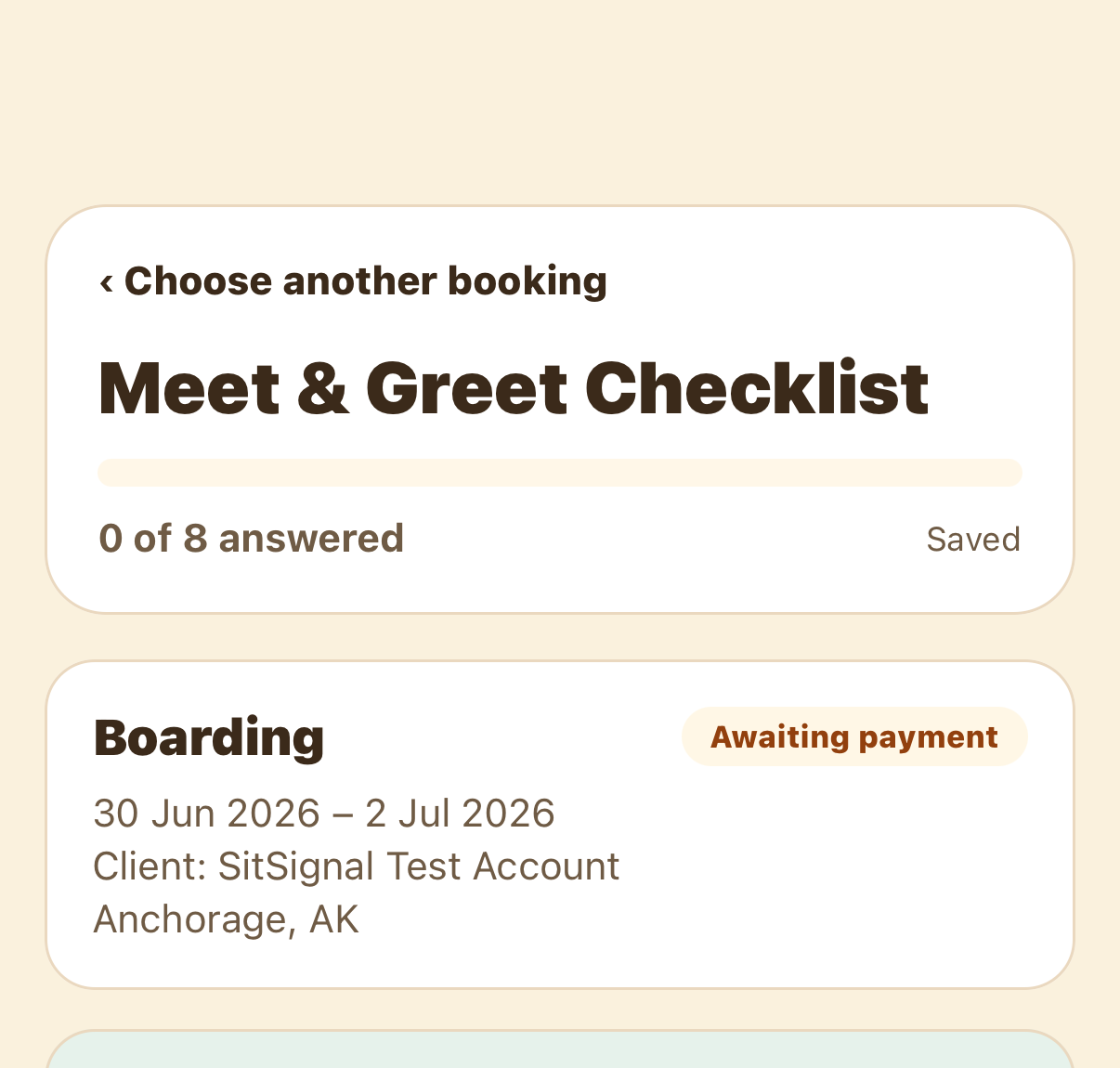 Per-booking meet & greet checklist showing progress and a saved status