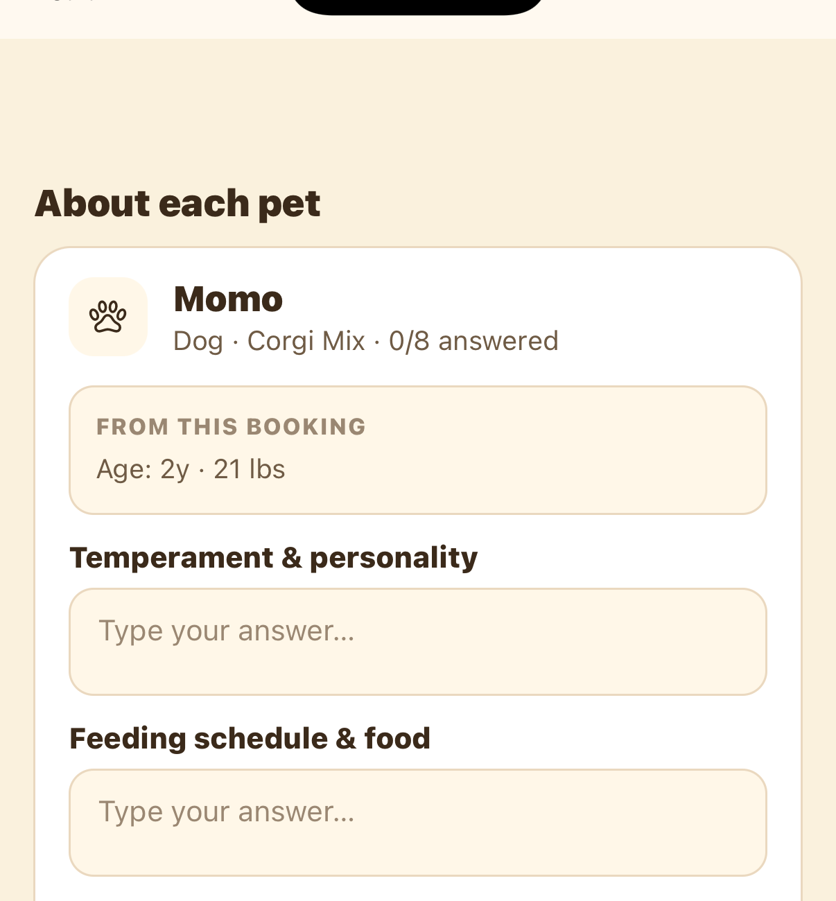 Per-pet checklist questions like temperament and feeding with answer fields