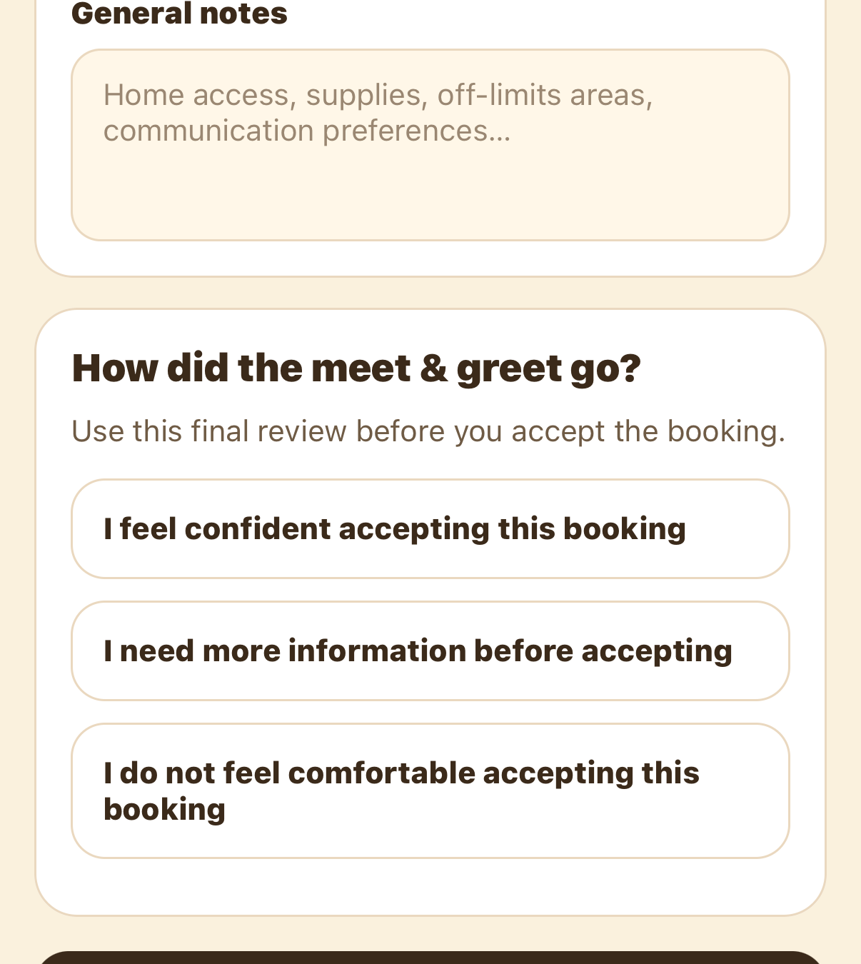 Final review asking how the meet & greet went, with accept-or-decline options
